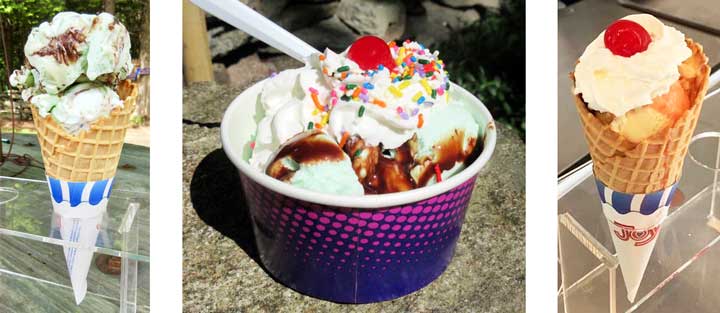 Mint Explosion Cone, Pistachio Hot Fudge Sundae & Strawberry Sundae Ice Cream Cone