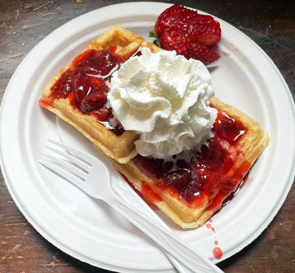 Belgian waffles with strawberries & whipped cream